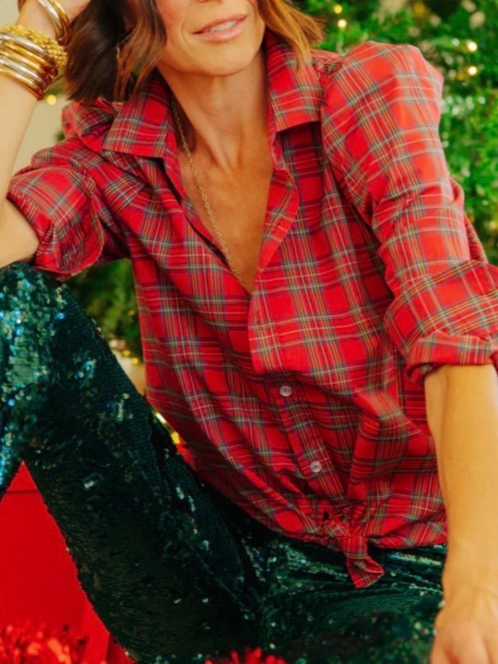 Kate Mchale Jensen Daisy Red Holiday Plaid Button-Up Blouse Small